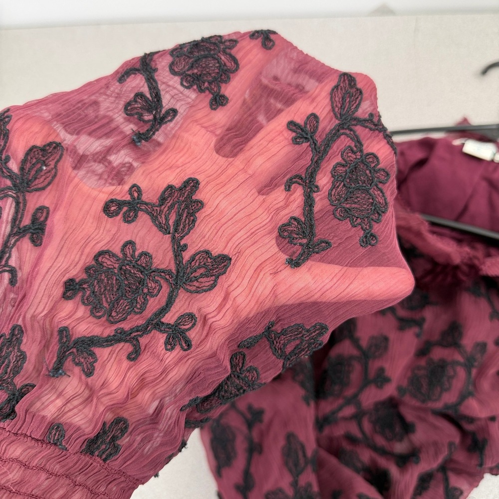 Sundance Top Womens Small Burgundy Floral Embroidered Tassel Tie Long Sleeve - Picture 13 of 13